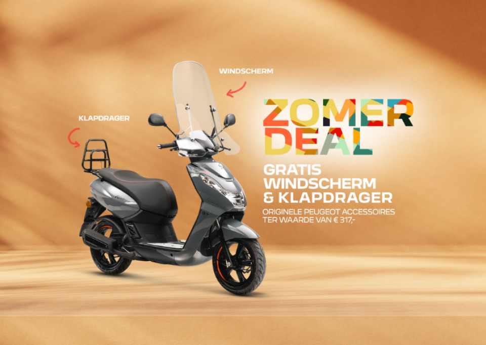 Gratis windscherm en klapdrager Peugeot Kisbee Zomerdeal.