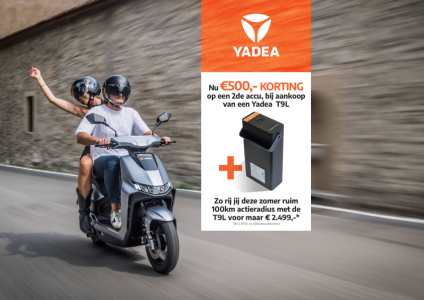 €500.- korting op een 2de accu bij aankoop van een Yadea T9L E-scooter